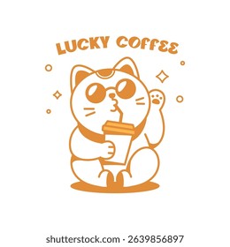 CUTE LUCKY IS CAT DRINKING A CUP OF COFFEE LOGO DESIGN