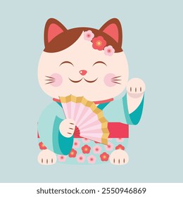 A cute lucky cat in the form of a geisha in a kimono, holding a fan, with left paw raised. Maneki-neko (beckoning cat in English), traditional Japanese amulet. Isolated vector object, icon