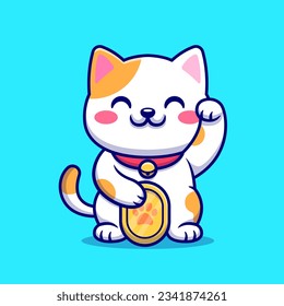 Cute Lucky Cat With Gold Coin Cartoon Vector Icon Illustration. Animal Finance Icon Concept Isolated Premium Vector. Flat Cartoon Style svg