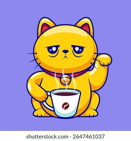 Cute Lucky Cat Holding Coffee Cartoon Vector Icon Illustration. 
Animal Drink Icon Concept Isolated Premium Vector. Flat 
Cartoon Style
