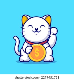 Cute Lucky Cat Holding Gold Coin Money Cartoon Vektorsymbol Illustration. Animal Finance Icon Konzept isolierter Premium Vektor. Flachbildkartonstil