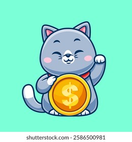 Cute Lucky Cat Holding Gold Coin Money Cartoon Vector Icon Illustration. Animal Finance Icon Concept Isolated Premium Vector. Flat Cartoon Style