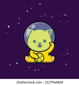 Cute Lucky Cat Holding Moon Cartoon Vector Icon Illustration. Animal Science Icon Concept Isolated Premium Vector. Flat Cartoon Style