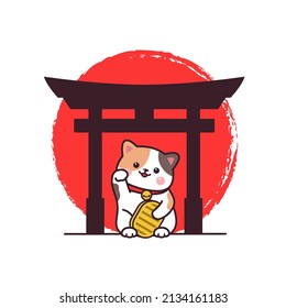 Cute Lucky Cat. Japanese Maneki Neko With Torii Gate and Sun