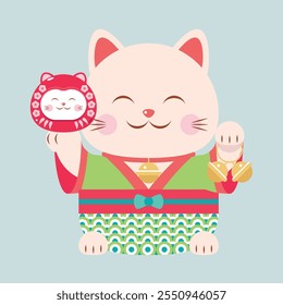 Cute lucky cat in kimono with left and right paws raised. Beckoning cat holding daruma kitten and bells in raised paws, traditional japanese amulet. Isolated vector object, symbol, icon, character