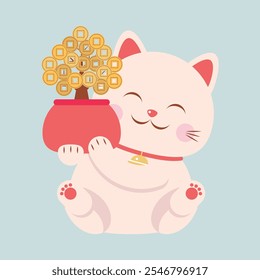 Cute lucky cat sitting and holding money tree. Maneki-neko traditional japanese gift toy attracting luck and money. Isolated vector object, symbol, icon, character