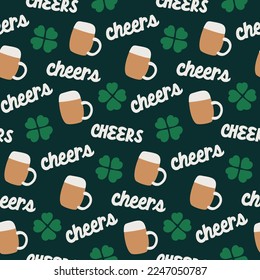 cute lucky cheers beers Saint St Patrick day seamless pattern in green shamrocks clovers four leaf clovers on dark background      