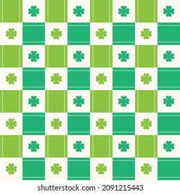 Cute Lucky Clover Leaf Element Light Green Cream Beige Checkered Gingham PatternEditable Stroke. Cartoon Illustration, Mat, Fabric, Textile, Scarf, Wrapping Paper