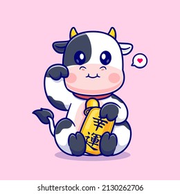 Cute Lucky Cow Holding Gold Coin Cartoon Vector Icon Illustration. Animal Business Icon Concept Isolated Premium Vector. Flat Cartoon Style