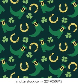 cute lucky Saint St Patrick day seamless pattern in green shamrocks clovers four leaf clovers. Boots, horseshoes, clovers.   