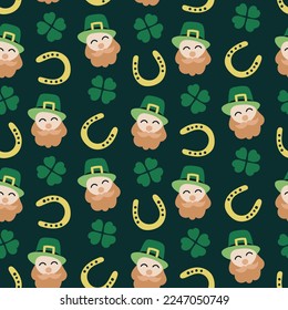 cute lucky Saint St Patrick day seamless pattern in green shamrocks clovers four leaf clovers. Irish gentleman with red beard moustache    