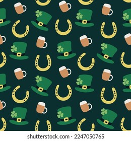 cute lucky Saint St Patrick day seamless pattern in green shamrocks clovers four leaf clovers. Beers hats horseshoe     