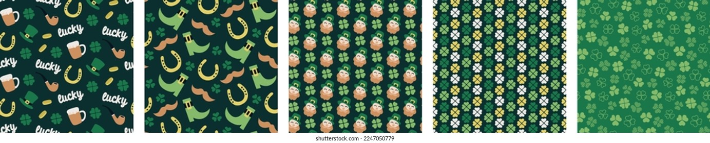 cute lucky Saint St Patrick day seamless pattern set bundle collection, in green shamrocks clovers four leaf clovers. Irish gentleman patterns, hat, horseshoe      