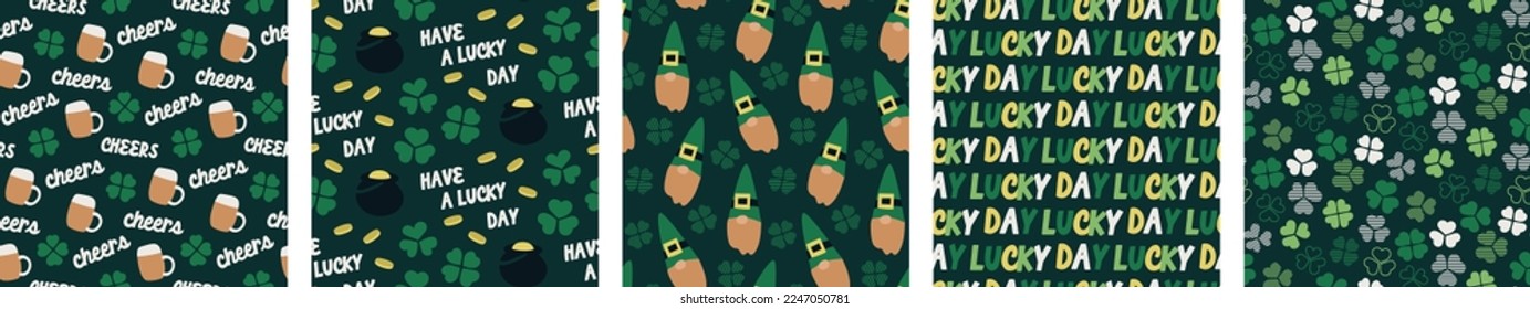 cute lucky Saint St Patrick day seamless pattern set bundle collection, in green shamrocks clovers four leaf clovers. Irish gentleman patterns, hat, horseshoe, gnomes, dwarfs