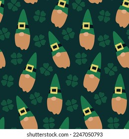 cute lucky Saint St Patrick day seamless pattern in green shamrocks clovers four leaf clovers. Cute dwarfs with green hat    