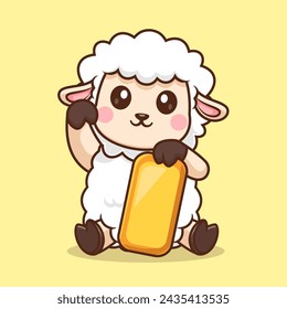 Cute Lucky Sheep Holding Gold Cartoon Vector Icon Illustration. Animal Business Icon Concept Isolated Premium Vector. Flat Cartoon Style
