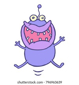 Cute lucky smiling alien jumps up. Holidays and vacations. Cartoon violet character. Vector illustration.