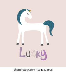Cute lucky unicorn vector illustration, t-shirt design for kids, baby fashion print.