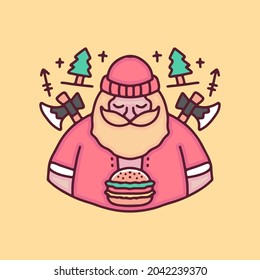 cute lumberjack with burger cartoon, illustration for stickers and t shirt.