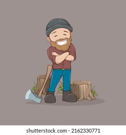 cute Lumberjack Cartoon Character. Woodcutter with an Ax. Vector design illustration
