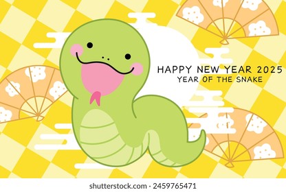 Cute lunar new year of the snake 2025 cartoon snake with oriental pattern, auspicious clouds and plum blossoms. Chinese new year 2025 greeting card design.