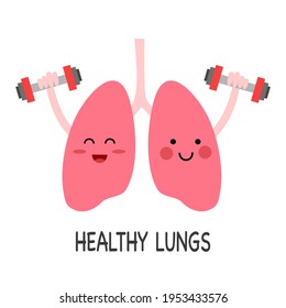 Cute lungs cartoon exercise with dumbbells in flat design on white background. Strong healthy lungs concept.