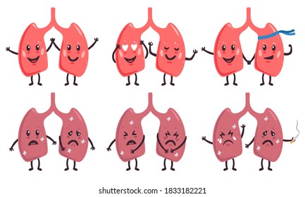 Cute lungs characters. Healthy and unhealthy medicine human organs characters, happy cute and sad lungs vector illustration icons set. Smoking cigarette, having ache, doing sport, preventing illness