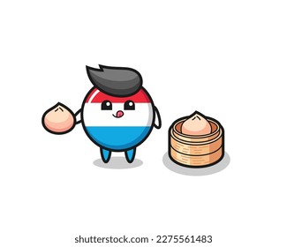 cute luxembourg flag badge character eating steamed buns , cute style design for t shirt, sticker, logo element