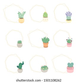 cute luxury flat style cactus and succulent with geometric golden frame eps10 vectors illustration