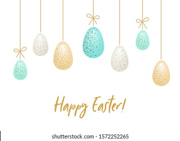 Cute luxury glamour Easter background as bunting with hanging on the rope turquoise, golden and silver eggs, can be used for banner design, greeting card, menu etc, vector illustration