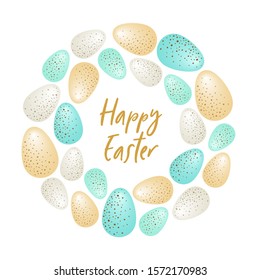 Cute luxury glamour Easter frame background with golden and silver dotted eggs, can be used for Easter template design, greeting card, banner etc, vector illustration