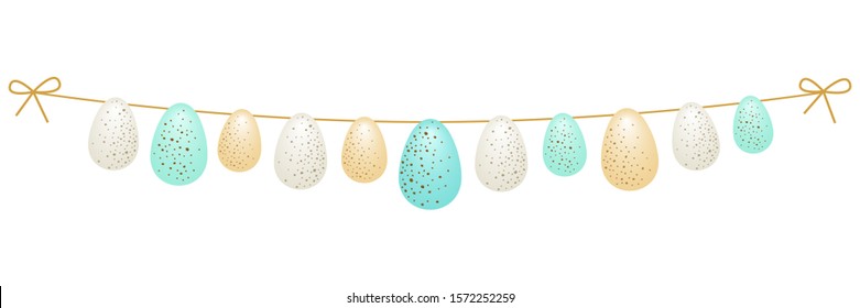 Cute luxury glamour Easter horizontal background as bunting with hanging on the rope turquoise, golden and silver eggs, can be used for banner design, greeting card, menu etc, vector illustration