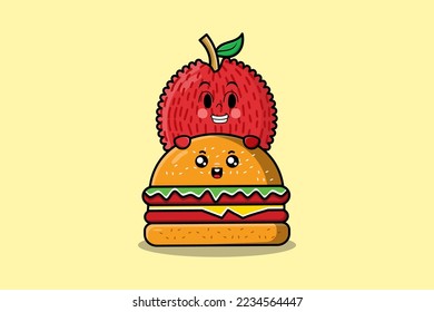 Cute Lychee cartoon character hiding in burger illustration in flat modern design