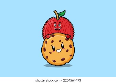 Cute Lychee cartoon character hiding in biscuits illustration in flat modern design