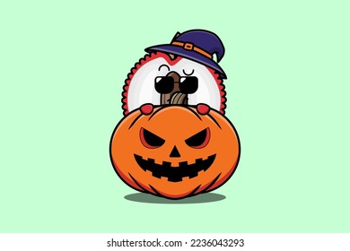 Cute Lychee cartoon character hiding in pumpkin halloween illustration in flat modern design