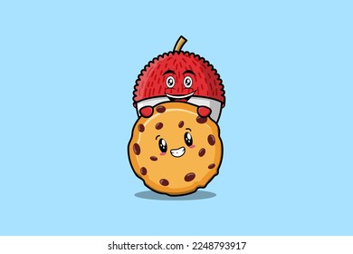 Cute Lychee cartoon character hiding in biscuits illustration in flat modern design