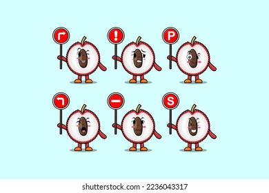 Cute Lychee cartoon character holding traffic sign illustration in modern 3d style design