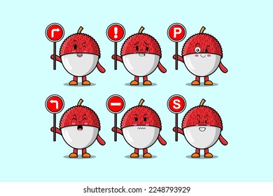 Cute Lychee cartoon character holding traffic sign illustration in modern 3d style design