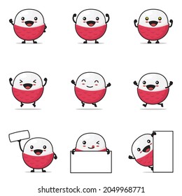 cute lychee cartoon, fruit vector illustration, with happy facial expressions and different poses, isolated on a white background