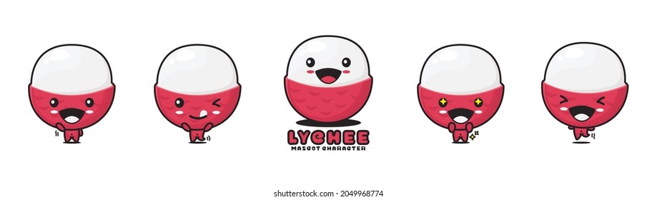 cute lychee cartoon mascot, fruit vector illustration, with different facial expressions and poses, isolated on white background