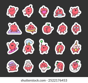 Lindo personaje de lychee. Marcador de pegatinas. Divertida fruta kawaii. Estilo dibujado a mano. Dibujo de Vector. Colección de Elementos de diseño.