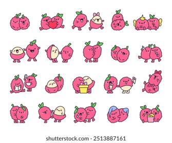 Cute lychee friend. Funny couple fruit cartoon character. Hand drawn style. Vector drawing. Collection of design elements.