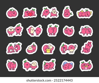 Cute lychee friend. Sticker Bookmark. Funny couple fruit cartoon character. Hand drawn style. Vector drawing. Collection of design elements.