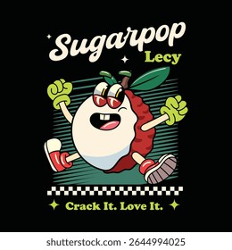 Cute Lychee fruit 70s retro comic cartoon character illustration