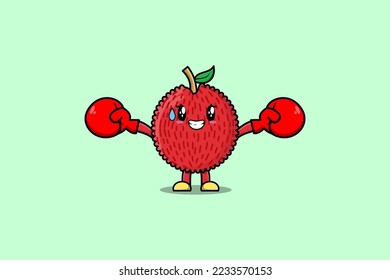 Cute Lychee mascot cartoon playing sport with boxing gloves and cute stylish design