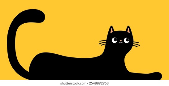 Cute lying cat black silhouette. Long body. Kawaii chilling kitten head face. Happy Halloween. Cartoon baby pet character. Greeting card, banner, sticker print. Flat design. Yellow background. Vector