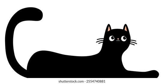 Cute lying cat black silhouette. Long body. Happy Halloween. Kawaii chilling kitten head face. Cartoon baby pet character. Greeting card, banner, sticker print. Flat design. White background. Vector