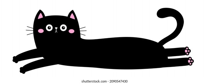 Cute lying cat. Kawaii cartoon baby pet character. Long body. Cute chilling black kitten head face. Happy Halloween. Greeting card print. Flat design. Isolated. White background. Vector illustration