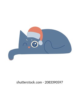 Cute lying cat in Santa Claus hat. Freehand isolated element. Vector flat Illustration. Only 5 colors - Easy to recolor.