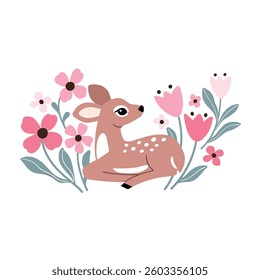 Cute lying deer with wildflowers. Hand drawn vector fawn illustration. Perfect for tee shirt logo, greeting card, poster, invitation or print design.
